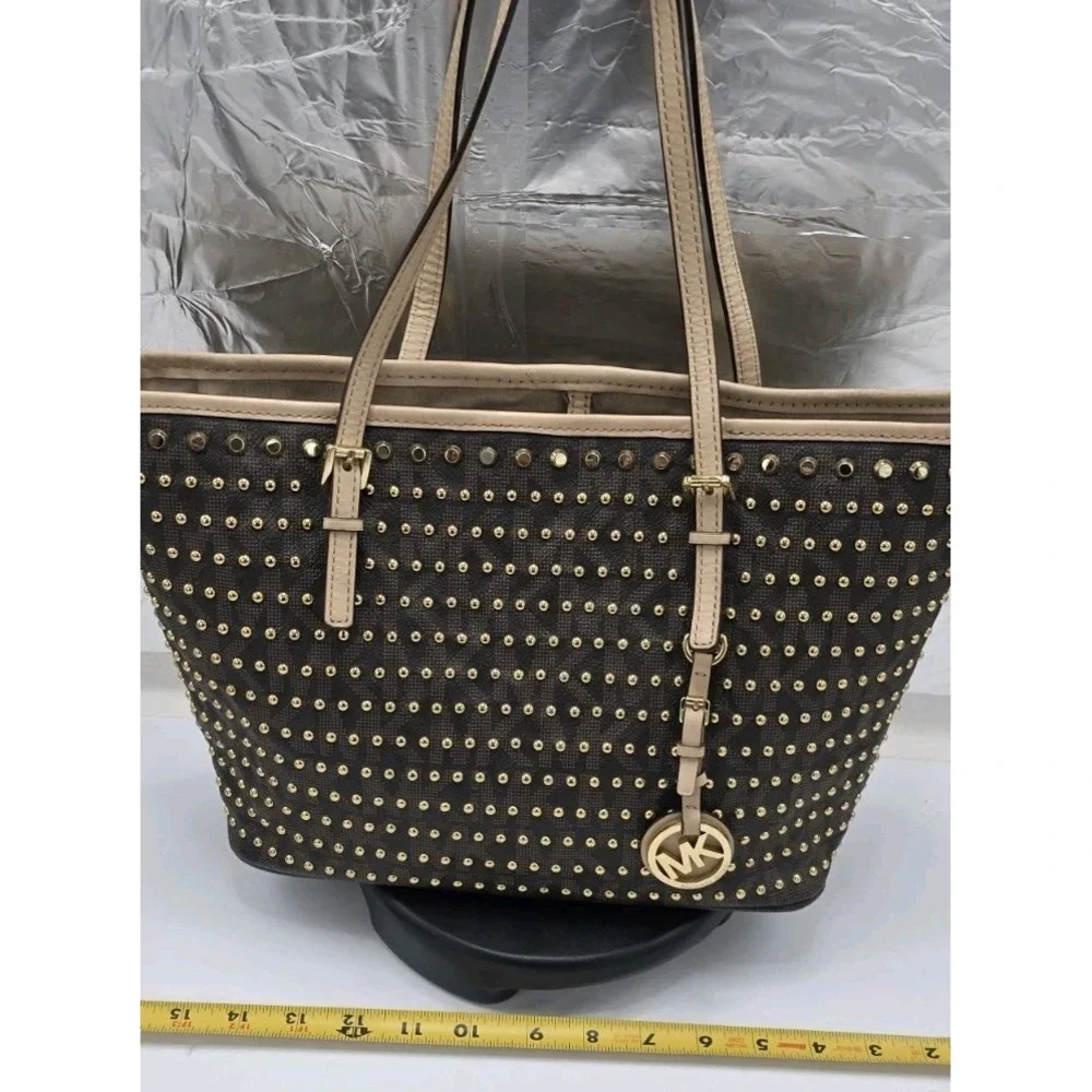 Michael Kors Selma Studded Tote Bag Brown Monogram Gold Studs Medium Handbag